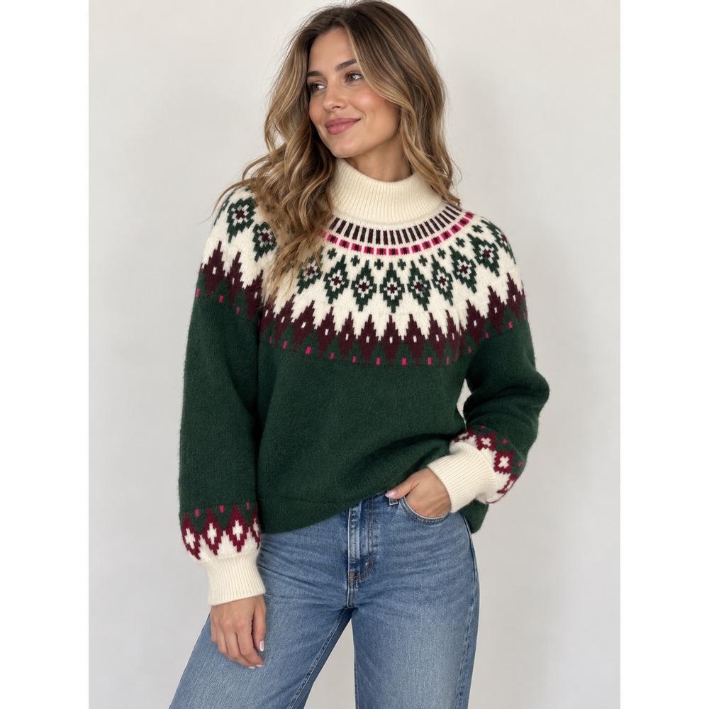Lands End Green Fair Isle Turtleneck Sweater Nordic Après Ski Christmas Winter S
